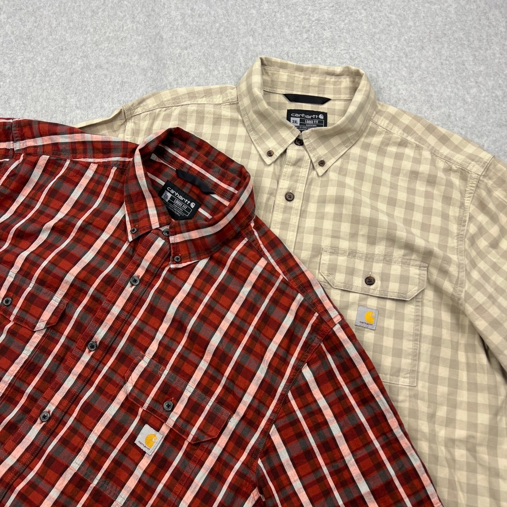 Lot of 2 Carhartt Shirts Mens XXL Tan Red Plaid Loose Fit Midweight Short Sleeve